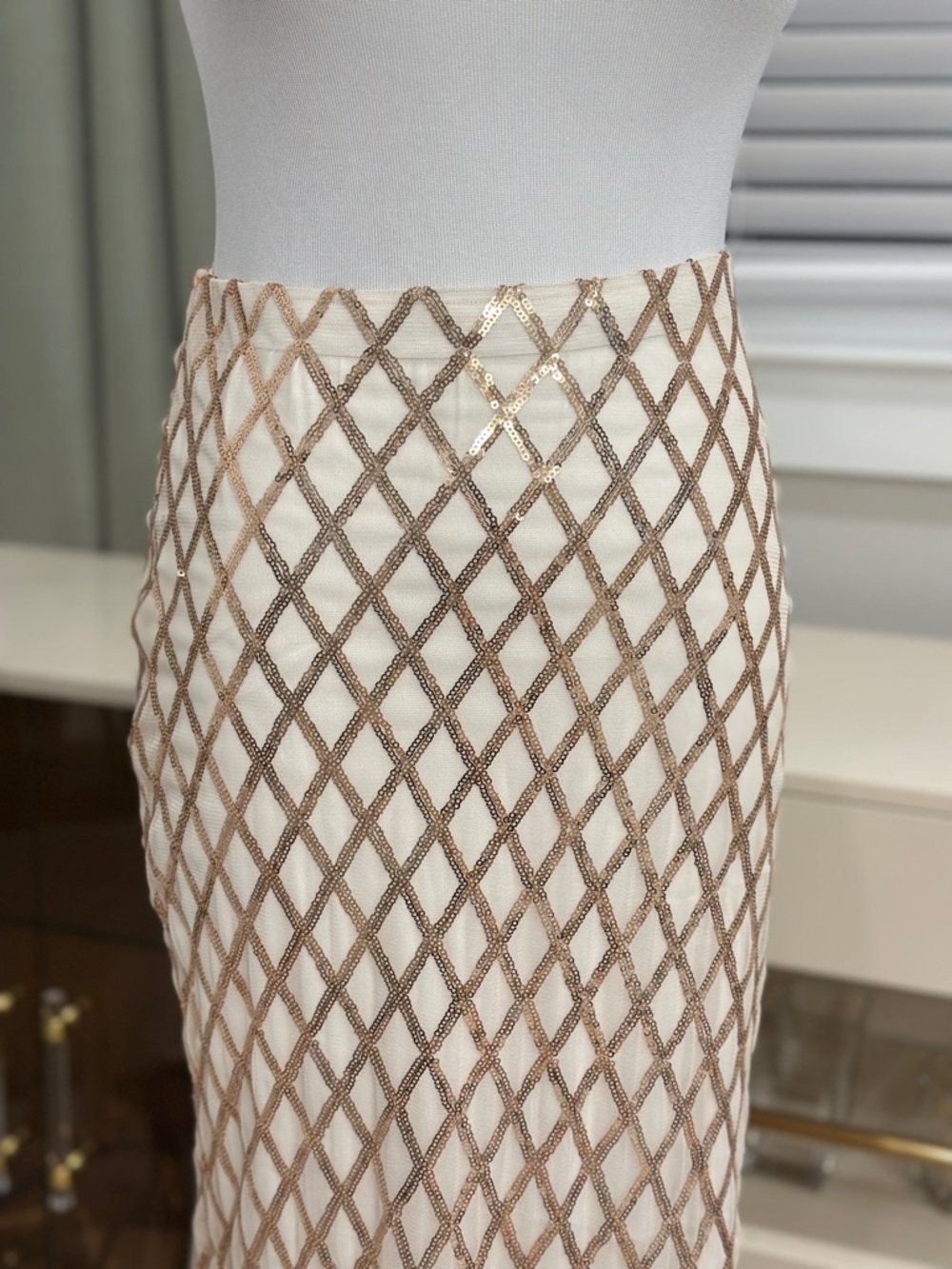 Anthropologie Self Contrast Elegant Cream Gold Lattice Maxi Skirt - Picture 4 of 8